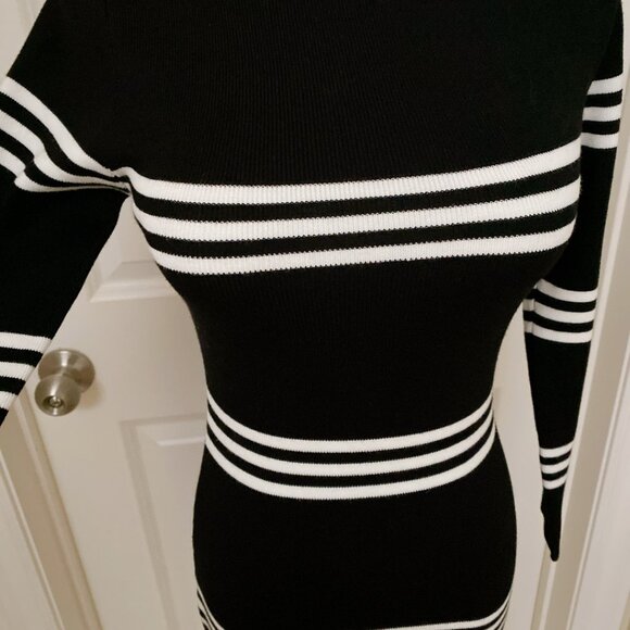 New Chic Black & White Striped Sweater Dress – Long Sleeve, Bodycon Fit - Picture 2 of 5